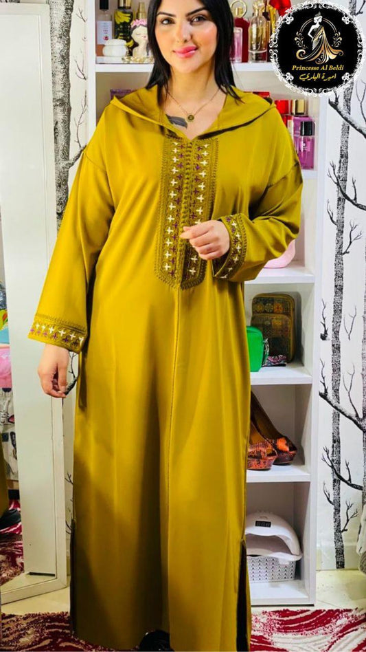 Jellaba in Pink Crêpe of First Quality with Floral Embroidery