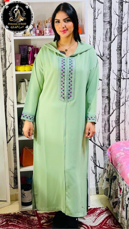 Jellaba in Pink Crêpe of First Quality with Floral Embroidery