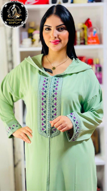 Jellaba in Pink Crêpe of First Quality with Floral Embroidery