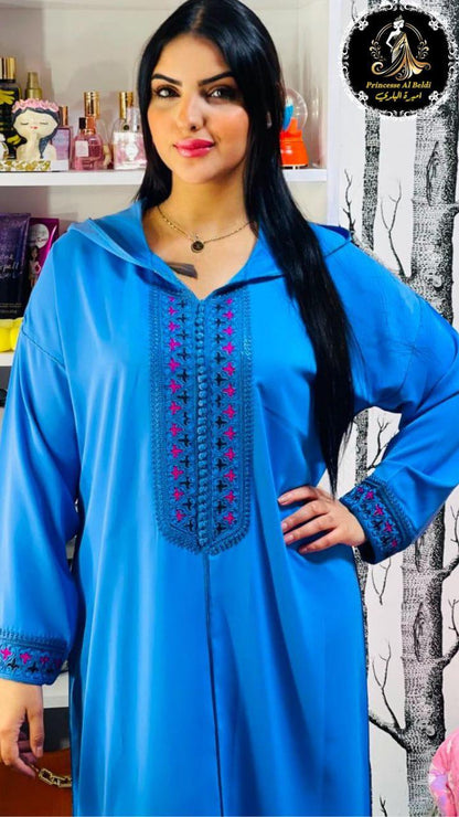 Jellaba in Pink Crêpe of First Quality with Floral Embroidery